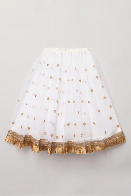 Girls White & Gold Sequin Lehenga Set with Red Dupatta