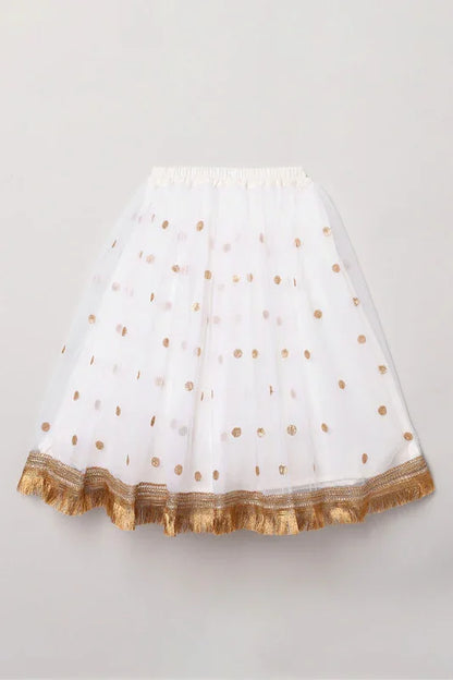 Girls White & Gold Sequin Lehenga Set with Red Dupatta