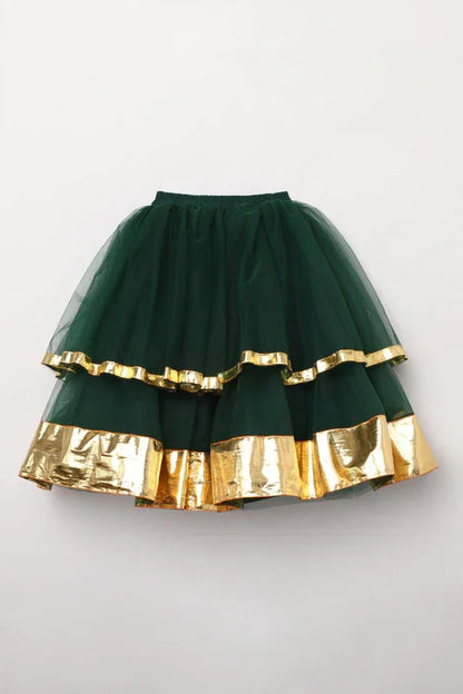 Girls Green & Gold Halter Neck Lehenga Set with Tulle Skirt & Dupatta