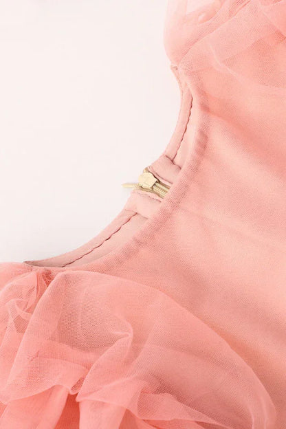 Peach Blossom Tulle Dress with Floral & Pearl Detailing