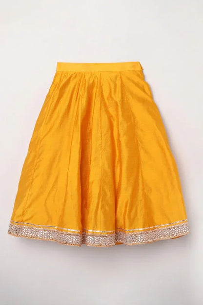 Girls Fuchsia & Yellow Chanderi Silk Lehenga Set with Mirror Work & Dupatta