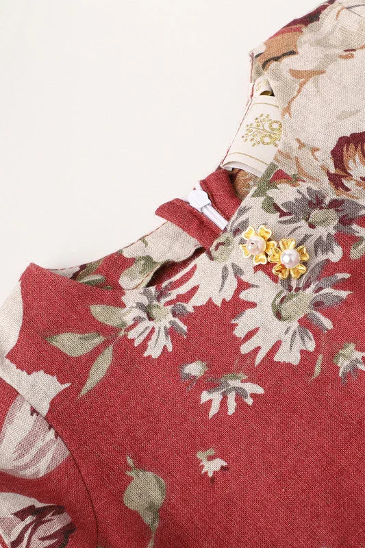 Red Blossom Floral Cotton Dress with Ruffled Hem for Girls
