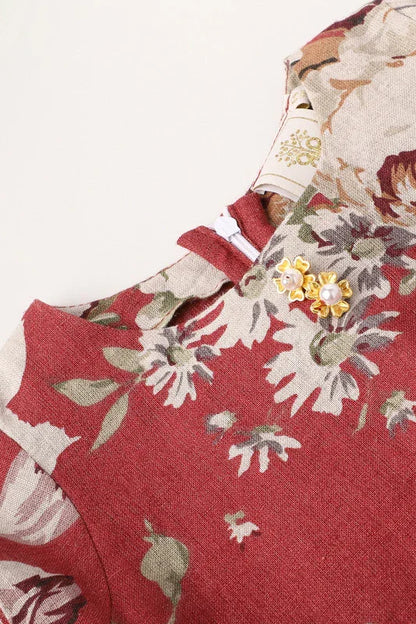 Red Blossom Floral Cotton Dress with Ruffled Hem for Girls