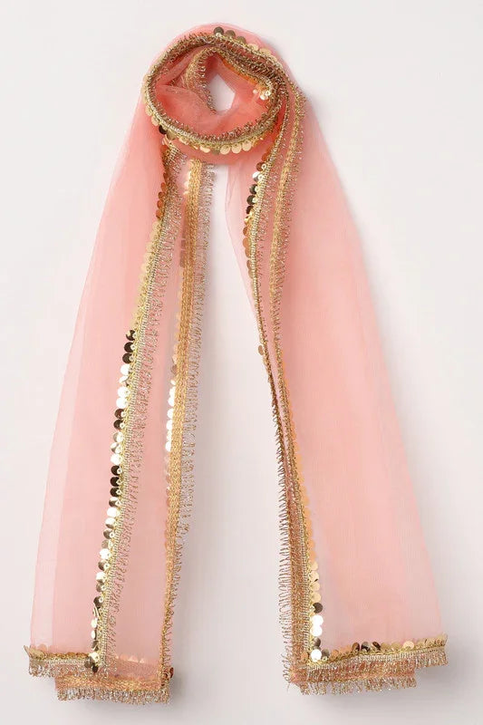 Girls Yellow & Gold Lehenga Set with Pink Dupatta & Halter Neck Blouse
