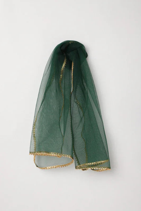 Girls Green & Gold Halter Neck Lehenga Set with Tulle Skirt & Dupatta