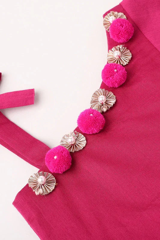 Girls Fuchsia Pink Chanderi Silk Lehenga Set with One-Shoulder Blouse