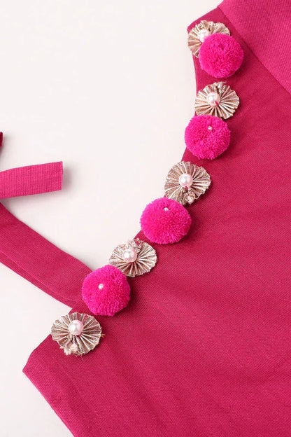 Girls Fuchsia Pink Chanderi Silk Lehenga Set with One-Shoulder Blouse