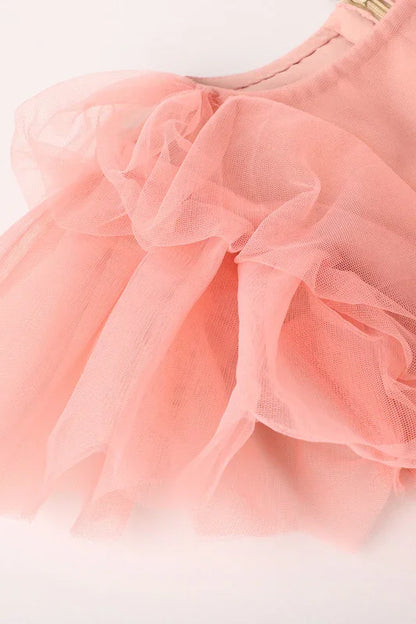 Peach Blossom Tulle Dress with Floral & Pearl Detailing