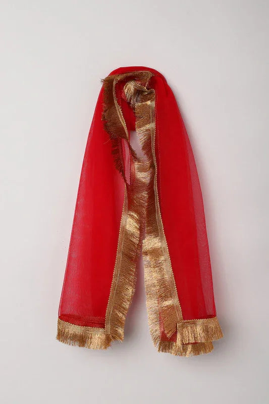 Girls White & Gold Sequin Lehenga Set with Red Dupatta