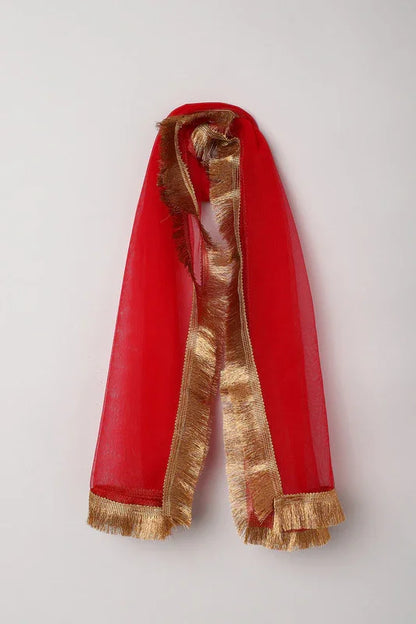 Girls White & Gold Sequin Lehenga Set with Red Dupatta