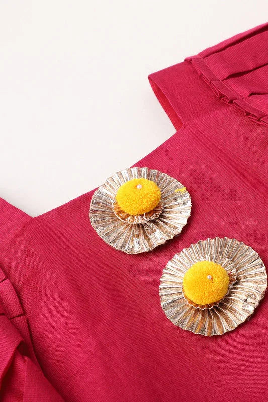 Girls Fuchsia & Yellow Chanderi Silk Lehenga Set with Mirror Work & Dupatta