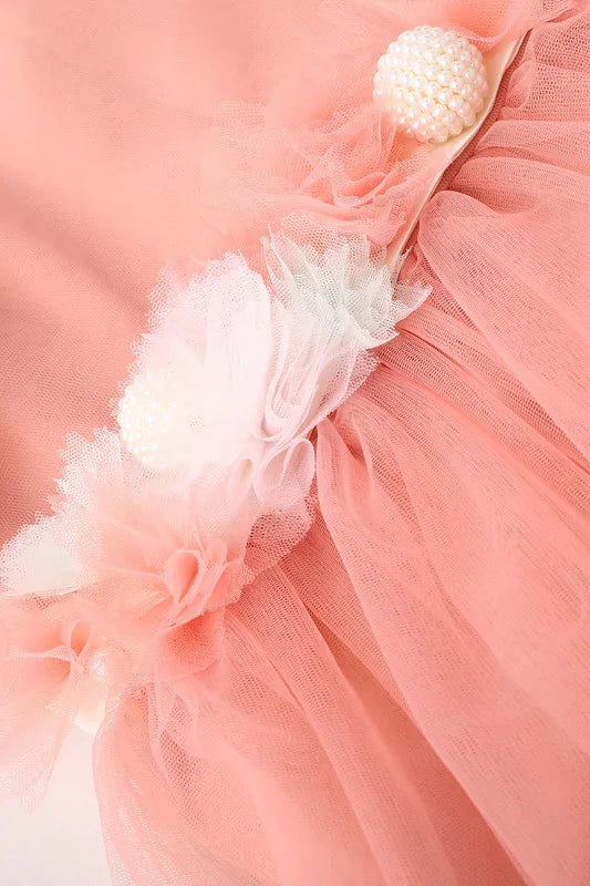 Peach Blossom Tulle Dress with Floral & Pearl Detailing
