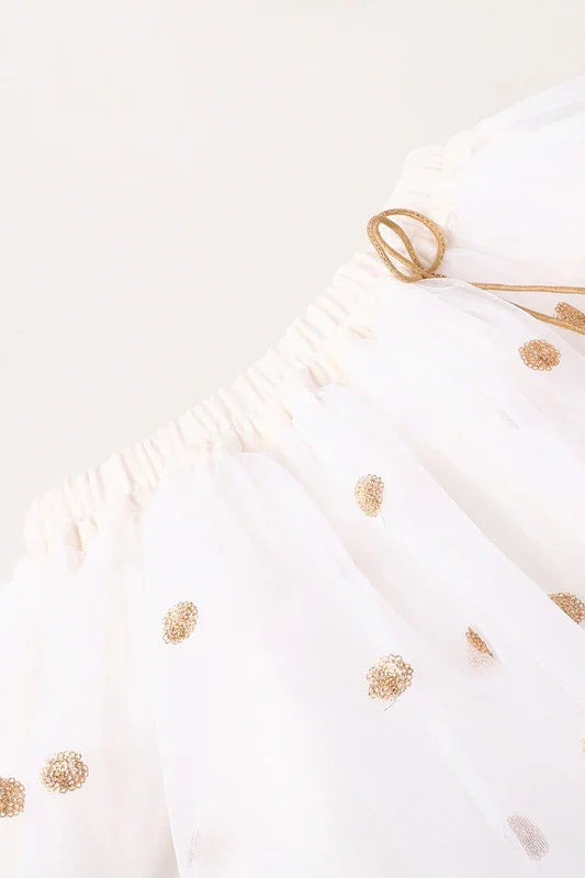 Girls White & Gold Sequin Lehenga Set with Red Dupatta