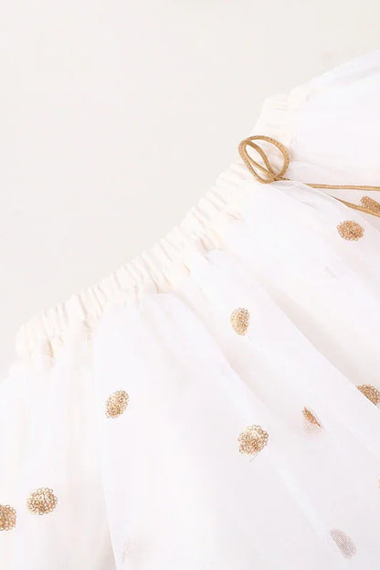 Girls White & Gold Sequin Lehenga Set with Red Dupatta