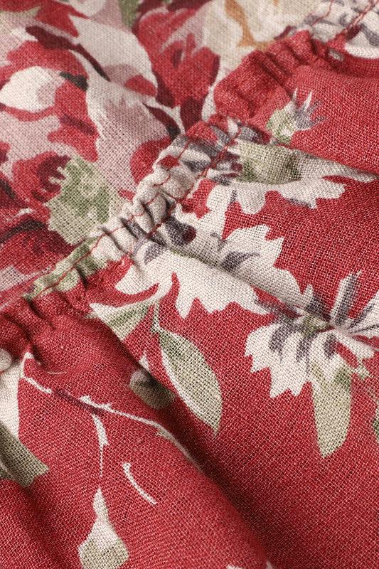 Red Blossom Floral Cotton Dress with Ruffled Hem for Girls