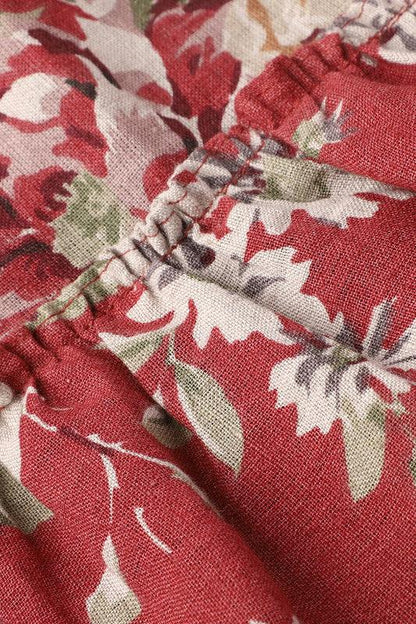 Red Blossom Floral Cotton Dress with Ruffled Hem for Girls