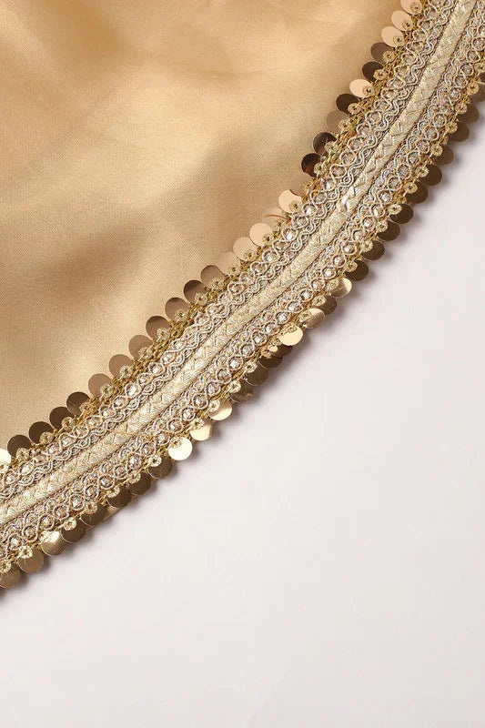 Girls Yellow & Gold Lehenga Set with Pink Dupatta & Halter Neck Blouse
