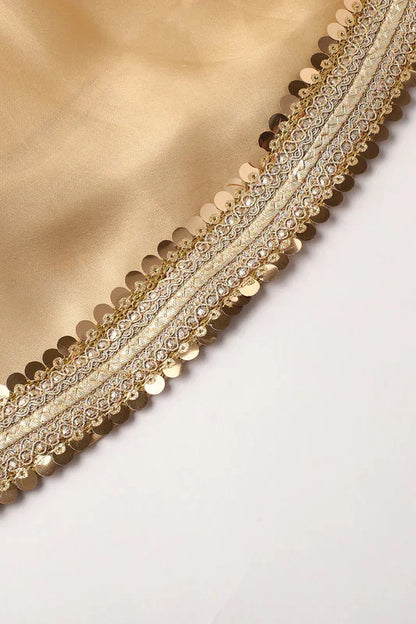 Girls Yellow & Gold Lehenga Set with Pink Dupatta & Halter Neck Blouse