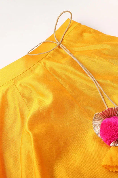 Girls Fuchsia & Yellow Chanderi Silk Lehenga Set with Mirror Work & Dupatta
