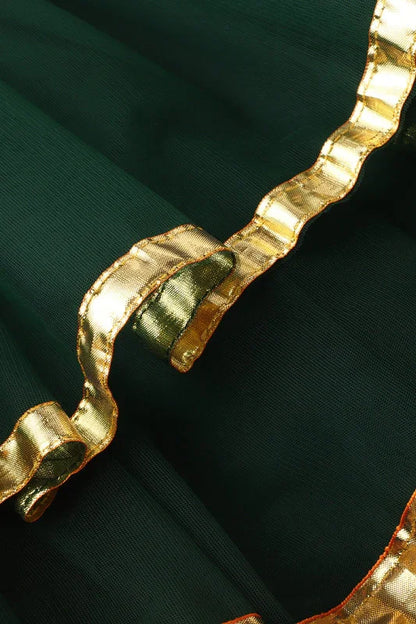 Girls Green & Gold Halter Neck Lehenga Set with Tulle Skirt & Dupatta