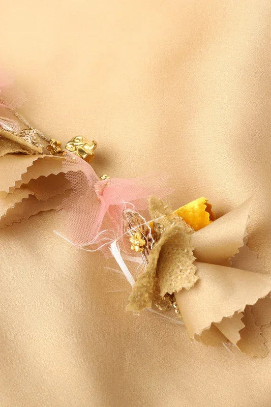 Girls Yellow & Gold Lehenga Set with Pink Dupatta & Halter Neck Blouse
