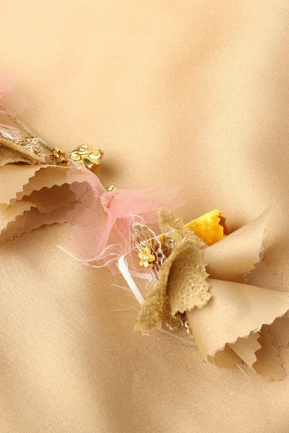 Girls Yellow & Gold Lehenga Set with Pink Dupatta & Halter Neck Blouse