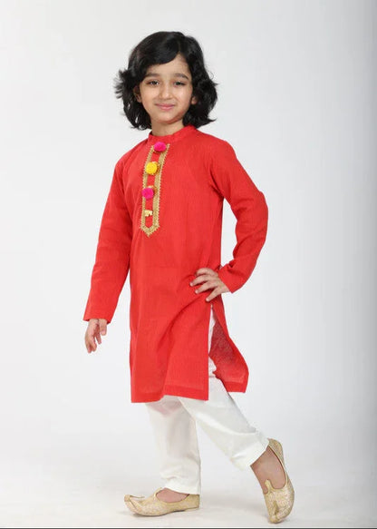 Vibrant Red Linen Kurta Pajama Set