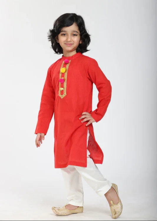 Vibrant Red Linen Kurta Pajama Set
