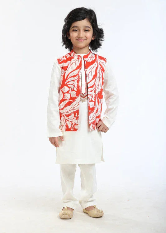 3Pcs White Linen Kurta Set with Waistcoat