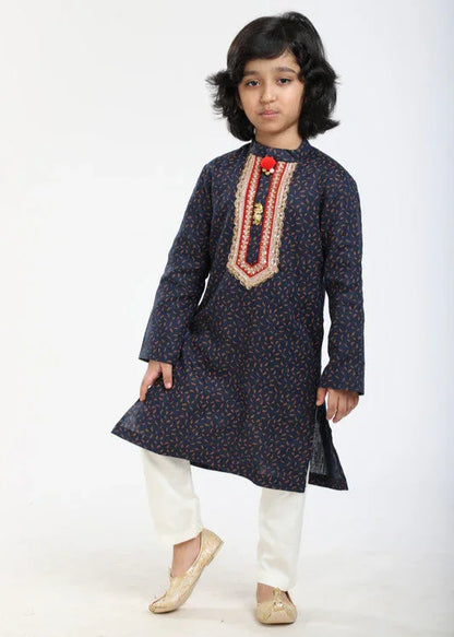 Navy Printed Linen Kurta Pajama Set