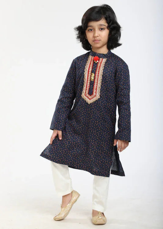 Navy Printed Linen Kurta Pajama Set