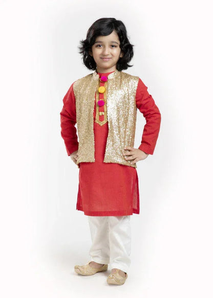 Red & Gold Kurta Waistcoat Set