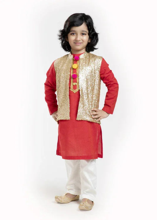 Red & Gold Kurta Waistcoat Set