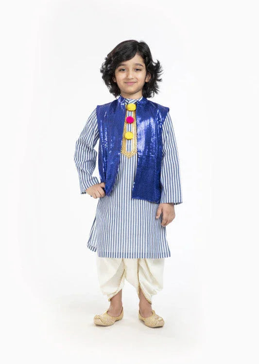 Blue Stripe Kurta Dhoti Set with Waistcoat