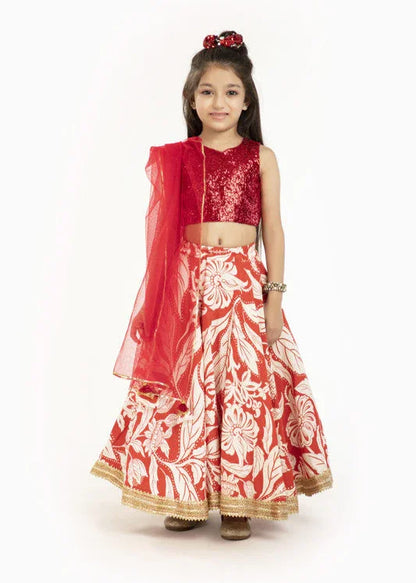 Red & Ivory Floral Lehenga Set