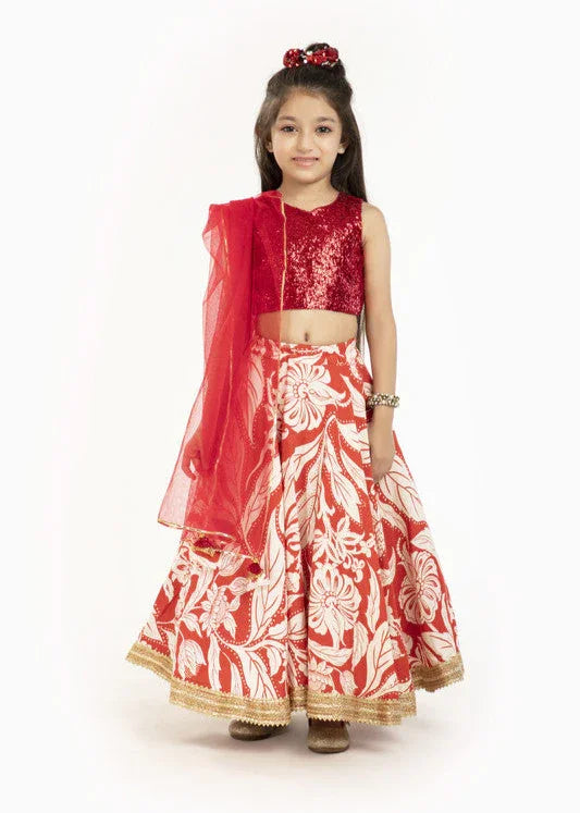 Red & Ivory Floral Lehenga Set