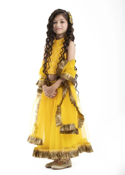 Yellow Mirror Work Lehenga Set for Girls