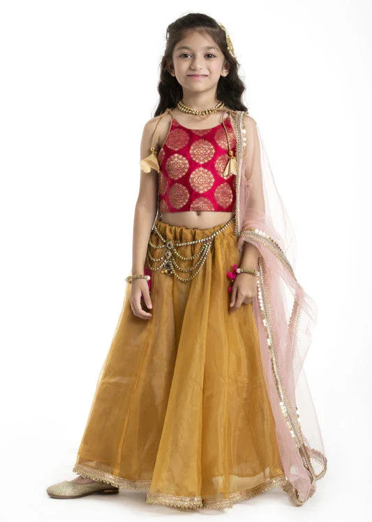 Red & Mustard Zari Lehenga Set with Kamarband