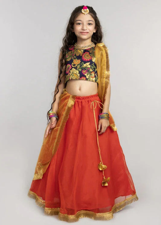 Navy & Orange Embroidered Lehenga Set