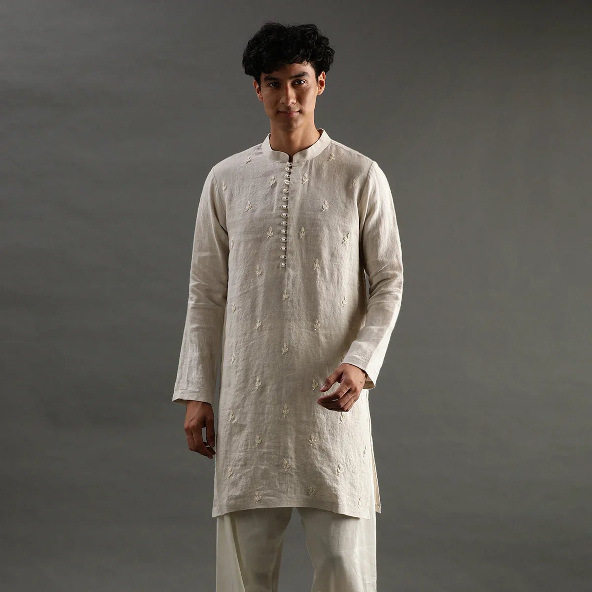 Beige linen embroidered kurta set with cotton pyjama   byb premium