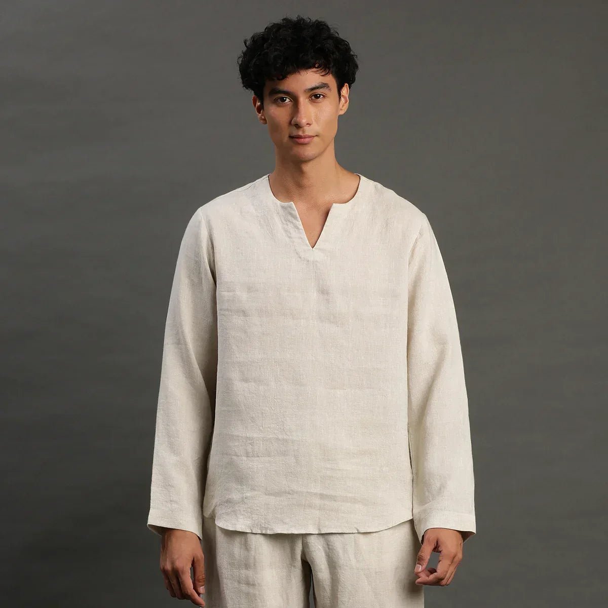 Beige linen short kurta for men   byb premium