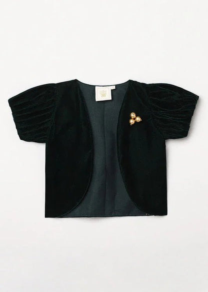 Emerald Green Velvet Shrug with Puff Sleeves & Brooch - BYB PREMIUM