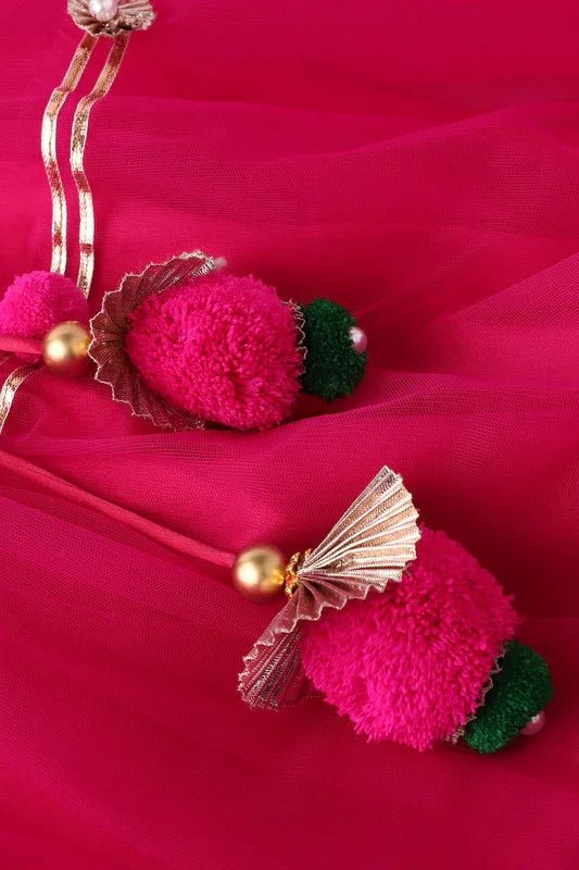 Girls Fuchsia Pink Chanderi Silk Lehenga Set with One - Shoulder Blouse - BYB PREMIUM