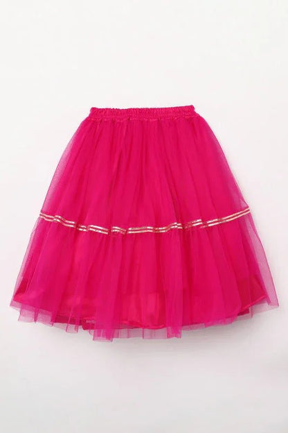 Girls Fuchsia Pink Chanderi Silk Lehenga Set with One - Shoulder Blouse - BYB PREMIUM