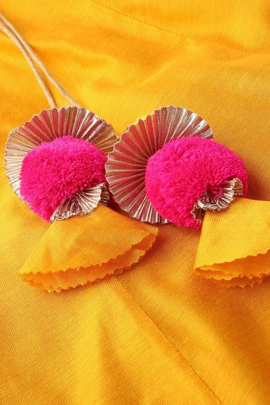 Girls fuchsia & yellow chanderi silk lehenga set with mirror work & dupatta   byb premium