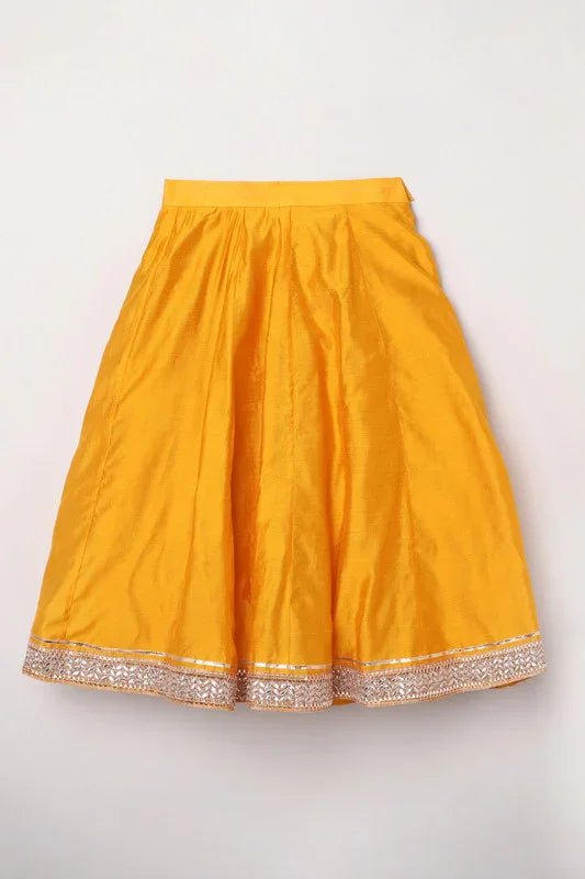 Girls fuchsia & yellow chanderi silk lehenga set with mirror work & dupatta   byb premium