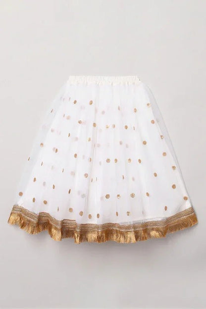 Girls White & Gold Sequin Lehenga Set with Red Dupatta - BYB PREMIUM