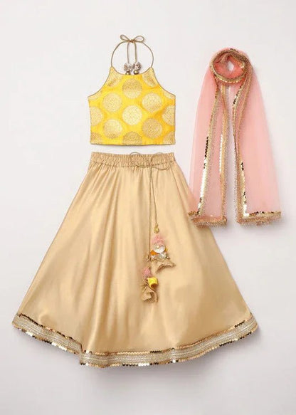 Girls Yellow & Gold Lehenga Set with Pink Dupatta & Halter Neck Blouse - BYB PREMIUM