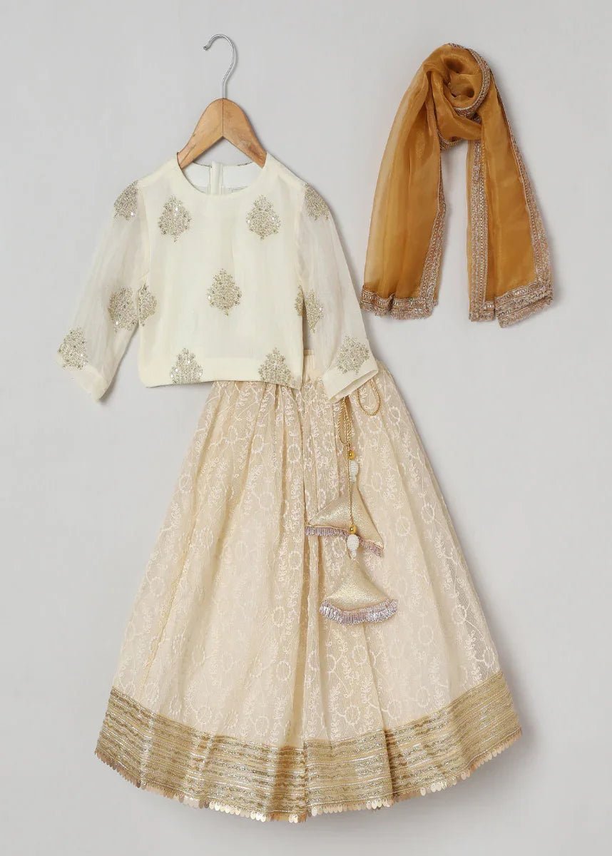 Ivory & Gold Jute Silk Lehenga Set for Girls with Organza Dupatta - BYB PREMIUM