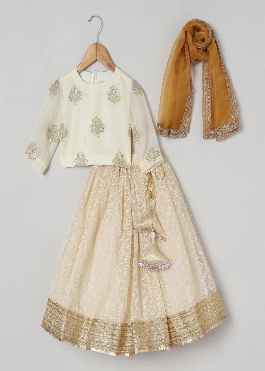 Ivory & Gold Jute Silk Lehenga Set with Organza Dupatta - BYB PREMIUM
